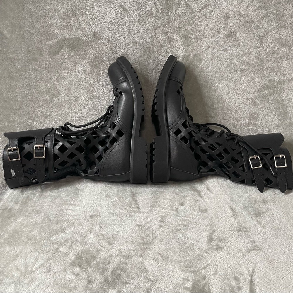 Black Laser Cut Caged Combat Boots EU 42 US 10 Faux Leather Lace Up Buckle - Picture 9 of 12